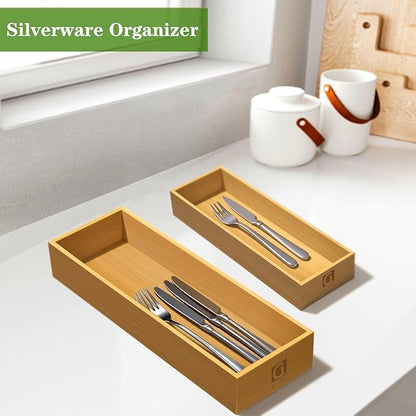 guiogc Bamboo Drawer Silverware Organizer, Flatware Organizer, Bamboo Storage Box for Office, Bathroom and other objects storage (large14.2 x5 x2 Small 9.85"x3.55"x1.78"- Set of 4)