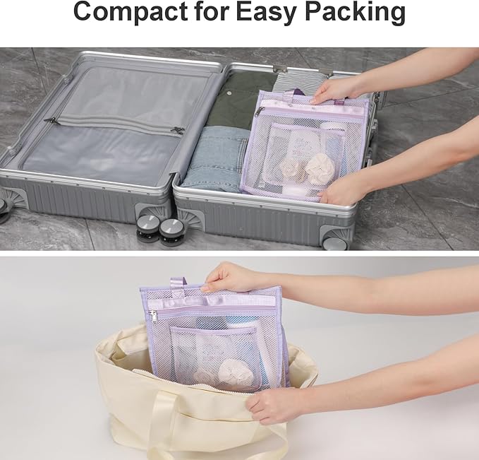 F-color Mesh Shower Caddy Portable Hanging - 3 Pockets Small Shower Bag Tote for Camping, Gym, Travel, Toiletry, Quick Dry Bathroom Essentials with S Hook, Purple
