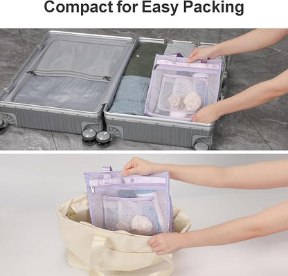 F-color Mesh Shower Caddy Portable Hanging - 3 Pockets Small Shower Bag Tote for Camping, Gym, Travel, Toiletry, Quick Dry Bathroom Essentials with S Hook, Purple