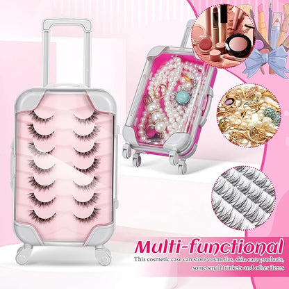 Unomor 4Pcs Mini Suitcase Eyelash Storage Box Portable Travel Makeup Case Compact Cosmetic Organizer for False Lashes and Small Accessories 6.49X3.34X1.96In