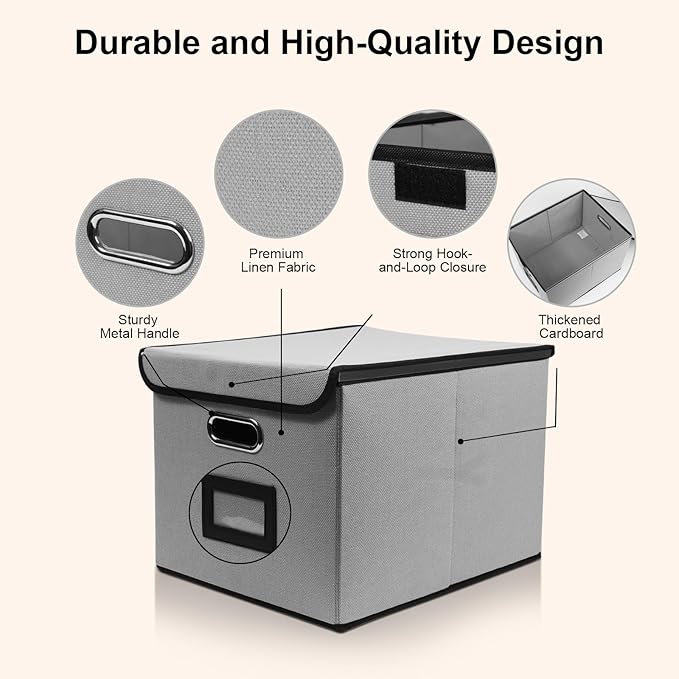 File Storage Box with Lid, 15.55x12.87x10.43 Inches, Foldable Organizer with Handles & Label Slot, for File Storage, Home, Office, and Closet Organization(2 Packs, Grey)