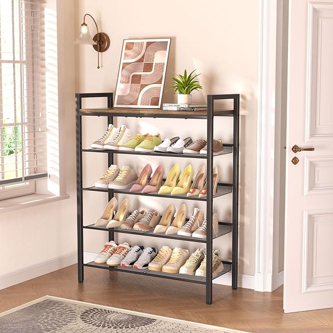 WIN4ALL Shoe Rack for Front Door Entrance, 5 Tier Shoe Rack for Entryway, 16-20 Pairs of Shoes, Metal Shoe Rack Organizer, Free Standing Shoe Rack for Closet (Black+Rustic Brown)