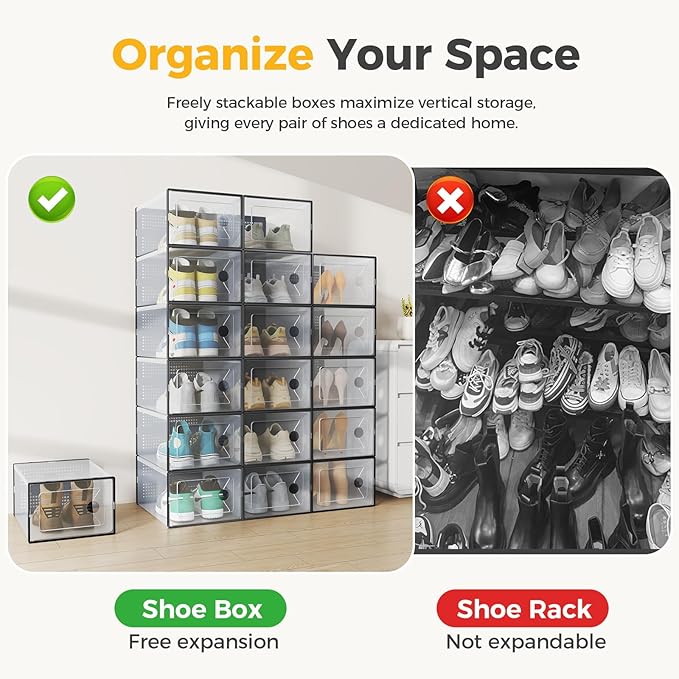 Sweetcrispy Shoe Storage Boxes, Clear Plastic Stackable Shoe Organizer with Lids for Closet, Foldable Shoe Rack Sneaker Container, Under Bed and Entryway, 12 Pack, Black