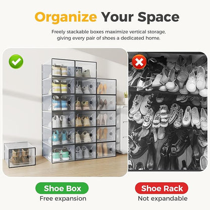 NEWBULIG 12 Pack Clear Shoe Storage Boxes, Stackable Sneaker Storage Case with Lids, Shoe Display Containers Organizer for Closet, Under Bed, Entryway, Black
