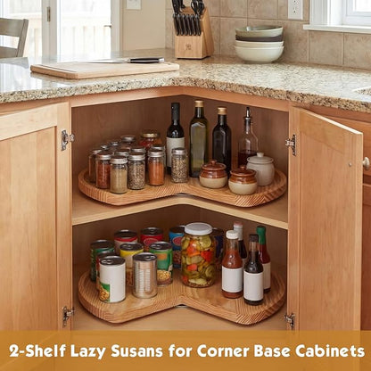 Leinuosen 2 Pcs 24in/28in/32in Banded Pine Wood Full Kidney Shaped Lazy Susan for Corner Base Cabinets with Iron Swivel Bearing for Kitchen Turntables, Not Include Metal Rod(24 Inch,Wood Color)