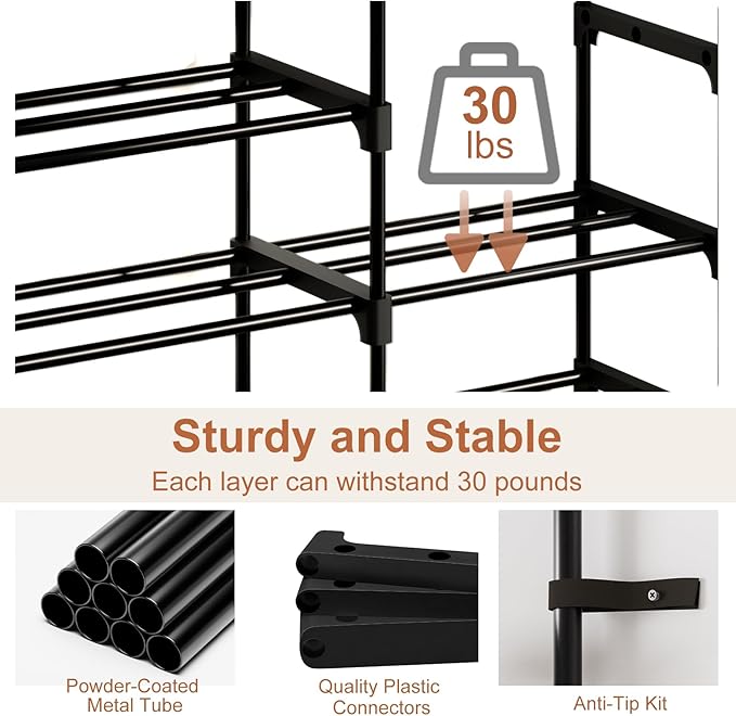 Shoe Rack, 6 Tier Shoe Rack Organizer with 2 Large Drawers, Shoe Storage for 20-24 Pairs, Sturdy Metal Shoe Shelf Shoe Stand for Closet Entryway, Rustic Brown and Black