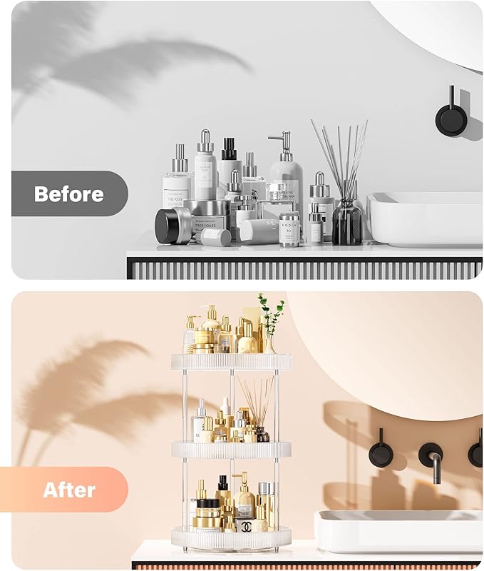 3-Tier Lazy Susan Bathroom Countertop Organizer, 360° Clear Rotating Storage Tray, Cosmetics and Perfume Organizer, Spinning Storage Tray Vanity Organizer Shelf for Bathroom Cabinet, Kitchen(Medium)