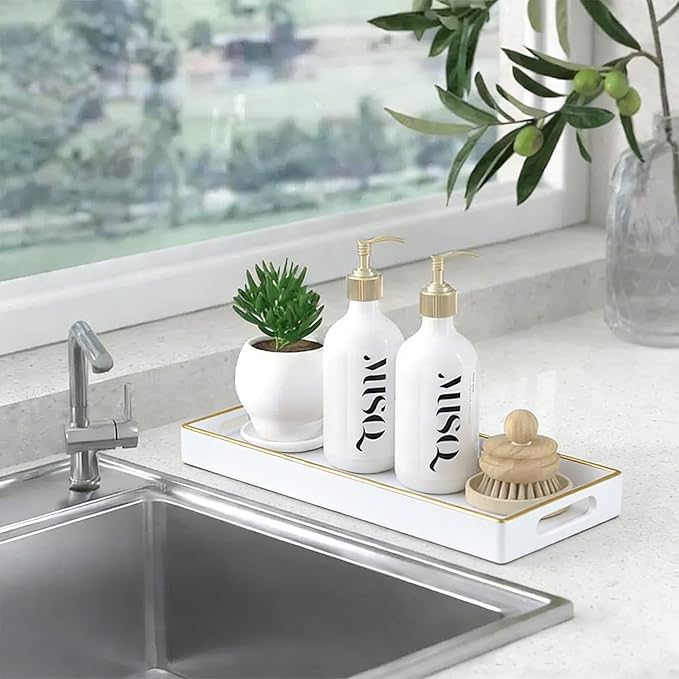 White Bathroom Vanity Tray for Countertop,Small Rectangular Plastic Tray for Toilet Tank,Multi-Purpose Bathroom Organizer for Makeup,Perfumes,Jewelry,Candles & Keys