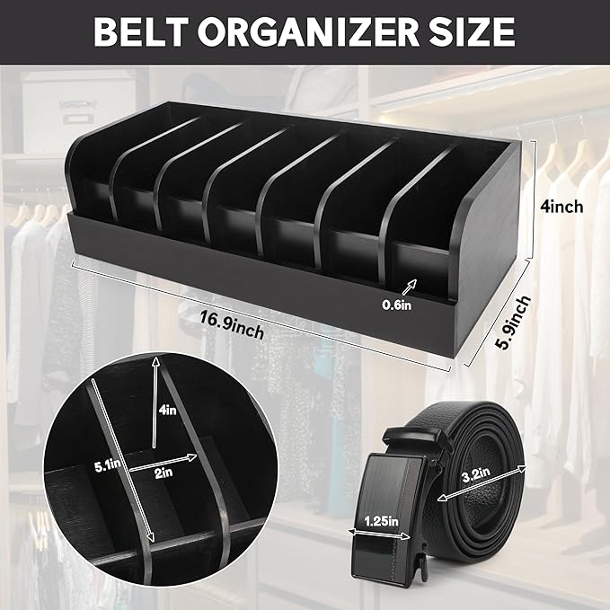 Belt Organizer, 7 Compartments Storage & Display Box for Closet Drawer, Holder Case for Ties and Belts, Bamboo Storage for Men Women (Black)