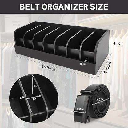 Belt Organizer, 7 Compartments Storage & Display Box for Closet Drawer, Holder Case for Ties and Belts, Bamboo Storage for Men Women (Black)
