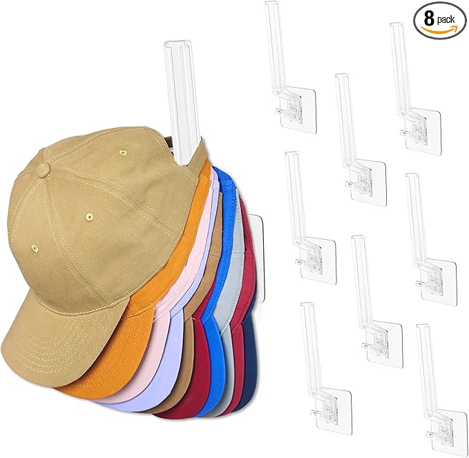 8 Pack Hat Rack for Baseball Cap, Adhesive Ball Caps Holder on Wall, No Drilling Hat Organizer Storage Wall Mount, Hat Hanger Display, Clear