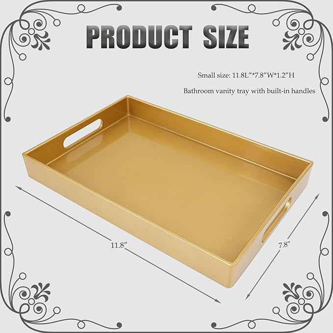 Spsyrine Gold Bathroom Vanity Tray with Handles for Dresser Tops, Countertop, Perfume Decorative Tray, 11.8” * 7.87” *1.37”