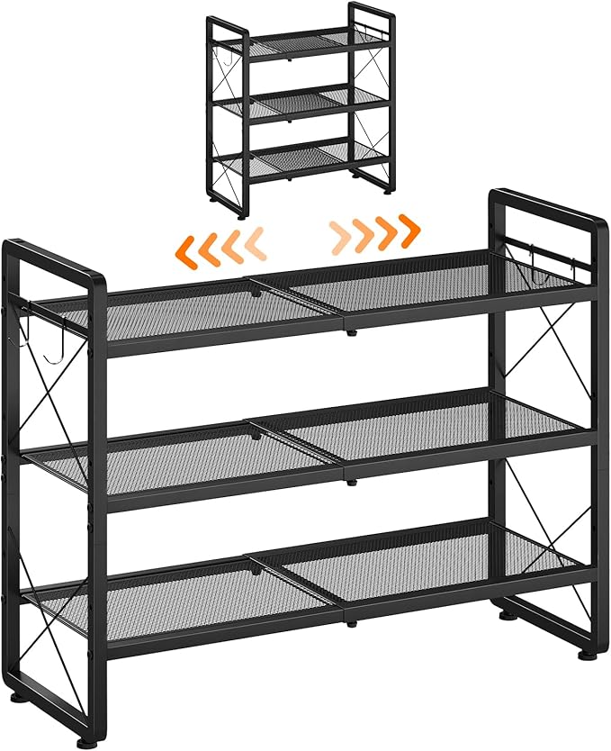 ELYKEN Shoe Rack, 3-Tier Expandable Shoe Organizer for Entryway, Metal Black Shoe Shelf with 4 Hooks, Ajustable Shoe Stand Holder for Closet, Garage, Door Entrance