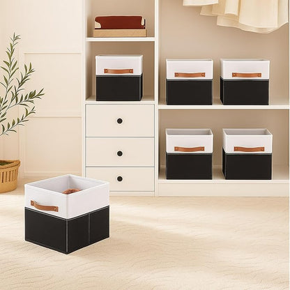 ShellKingdom Storage Bins, Two-Tone Foldable Fabric Storage Cubes with Leather Handle for Closet Toys Clothes Storage Organizer Drawer, 10.5 X 10.5 X 11 inch, 2 Pack (White/Black)