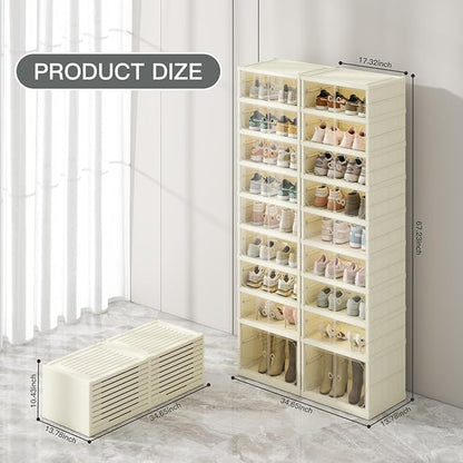 Dimmeda 9 Tiers Foldable Shoe Rack Organizer for Closet with Wheels, 36Pairs Plastic Collapsible Shoe Shelf for Front Door Entrance Stackable Clear Folding Shoes Storage Boxes Tall Shoe Cabinet