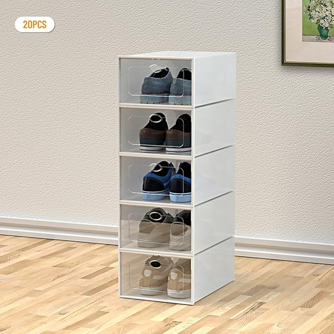 20 PCS Shoe Storage Boxes,Clear Plastic Clamshell Shoebox Stackable Shoe Organizer Foldable Display Box Container Closet Shelf Display Case Ventilation