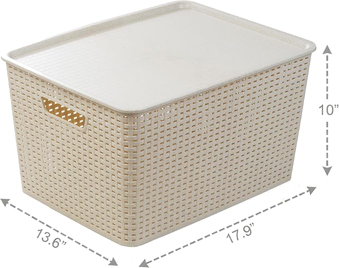 BINO | Plastic Storage Baskets with Lids, 33 Liter - 3 Pack, Natural | THE WOVEN COLLECTION | Storage Basket for Shelves | Woven Storage Baskets for Organizing Bins | Pantry Shelf Organizer Bin
