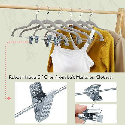ManGotree Pants Hangers with Movable Clips, Non-Slip Velvet Skirt Hangers, Space-Saving Clothes Hangers for Pants, Skirts, Shirts, Coats, Dresses (32 Pack, Grey)