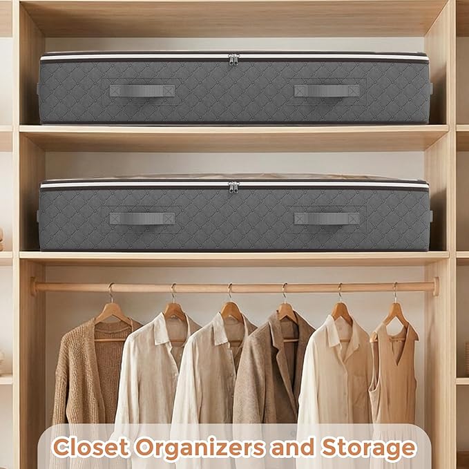 Budding Joy 90L Under Bed Storage Containers, Closet Organizers and Storage Bins, Foldable Underbed Storage Bags for Linen Sheets, Blanket, Clothing, Comforter, Sweaters, Pillows, Wrapping Paper, Grey