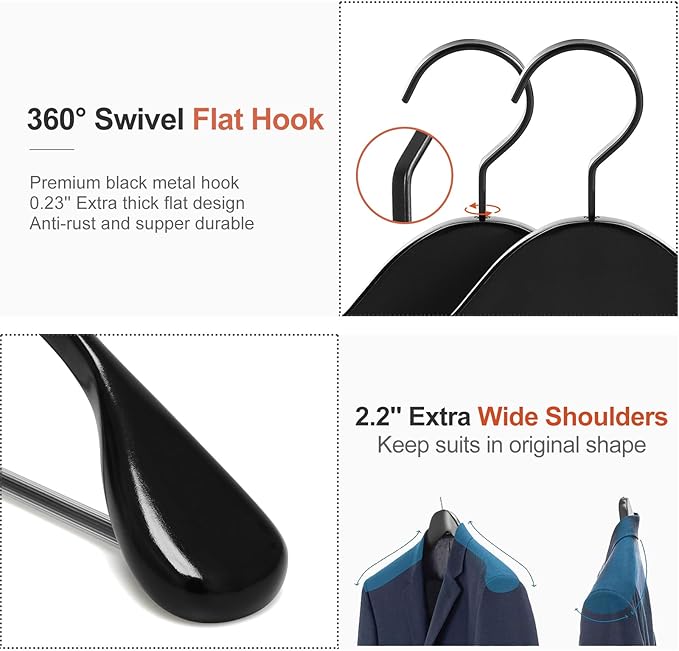 TOPIA HANGER Black Wooden Coat Hanger 6 Pack, Wide Shoulder Wood Suit Hangers with Extra-Thick Flat Hooks & Anti-Slip Pants Bar, Heavy Duty Clothes Hangers,Glossy Finish, Black-CT02H