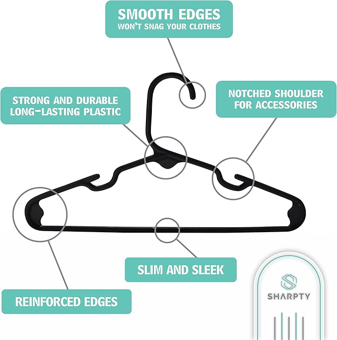 Sharpty Kids Plastic Hangers, Children's Hangers for Baby, Toddler, and Child Clothes - Everyday Standard Use - Ideal for Boys and Girls Closet, Clothing, Pants, Coats, and More - Black, 60 Pack