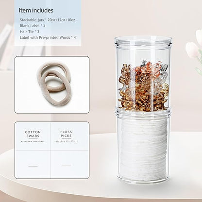SheeChung 3-Pack Clear Stackable Apothecary Jars - (10/12/20oz) Mixed Sizes Qtip Holder Dispenser - Crystal Clear Bathroom Vanity Organizer with Storage Lids for Cotton Balls, Swabs, Floss
