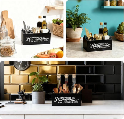 Wooden Paper Plate Dispenser with Handle - Party & Kitchen Countertop Cutlery Holder for Plates, Forks, Spoons & Napkins