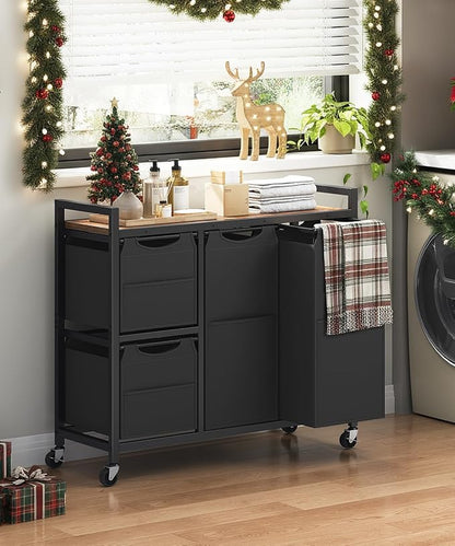 HOOBRO Laundry Sorter with 4 Section, 34 Gal. (127 L) Laundry Hamper with Wheels, Rolling Laundry Basket with Shelf, Pull-Out Detachable Bags, Side Pockets, Rustic Brown and Black BF14XY01N1
