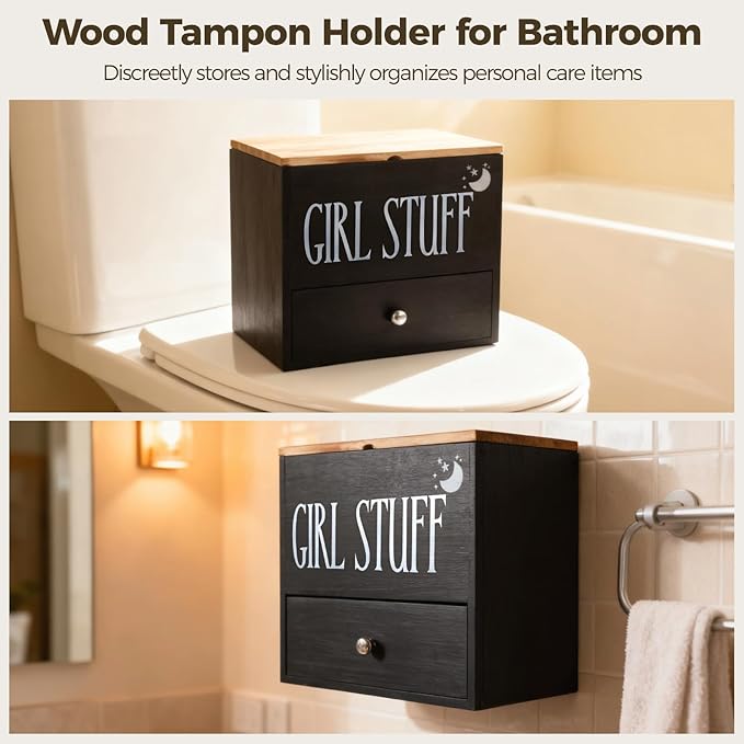 Wood Tampon Holder for Bathroom - Feminine Product Organizer with 3-Tier Compartments, Pad and Tampon Organizer with Drawer, Flip-Top Lid for Easy Access, 9.4 x 5.6 x 8.9 in