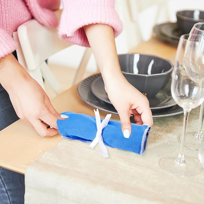 Weewooday Silver Storage Bags Anti Tarnish Silver Protector Bags Blue Holder for Silverware Flatware Storage Organizer Cloth Place Setting Roll with White Ribbon for Teaspoon Utensils(8 Pieces)