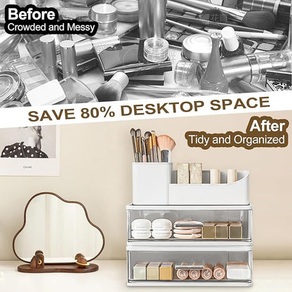 DASITON Makeup Organizer for Vanity with 2 Drawers, Stackable Cosmetic Organizer with Makeup Brush Holder, Plastic Bathroom Organizer Skincare Storage for Brushes, Eyeshadow, Lotions, Lipstick (White)