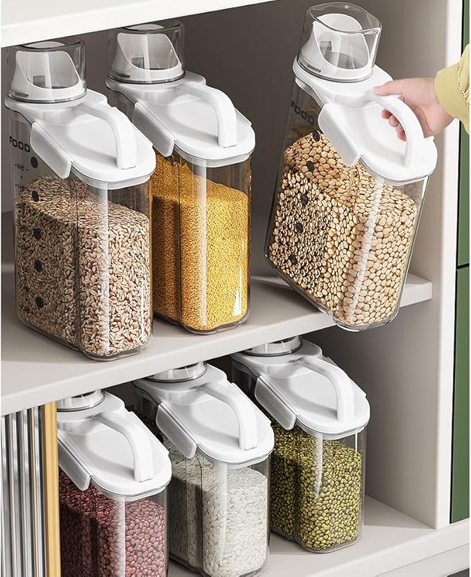 Rice container storage tank, kitchen storage container, sealed food storage, sealed design measuring cup. With pouring port, suitable for oatmeal, grains, rice, flour (blue, 2800ML)