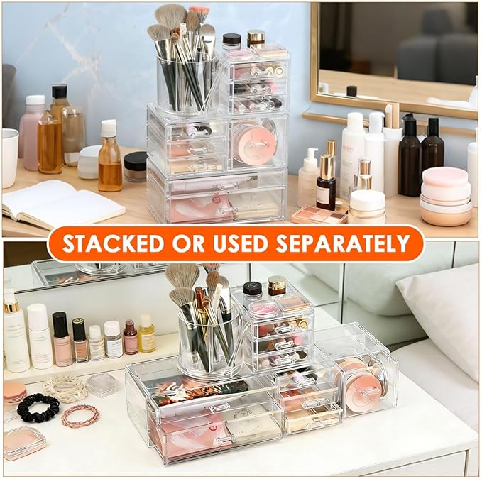 OTYMIOW 3 Tier Clear Acrylic Makeup Organizer Countertop with Brush Holder and 9 Drawers, Bathrooms, Stackable Large Makeup Organizer for Store Skincare, Brushes, Hair Accessories