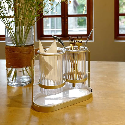 Utensils Silverware Holder with Metal Bracket, Cutlery Caddy, Flatware Spoon Fork Knife Tabletop Organizer for Party Kitchen Dining Room - Gold
