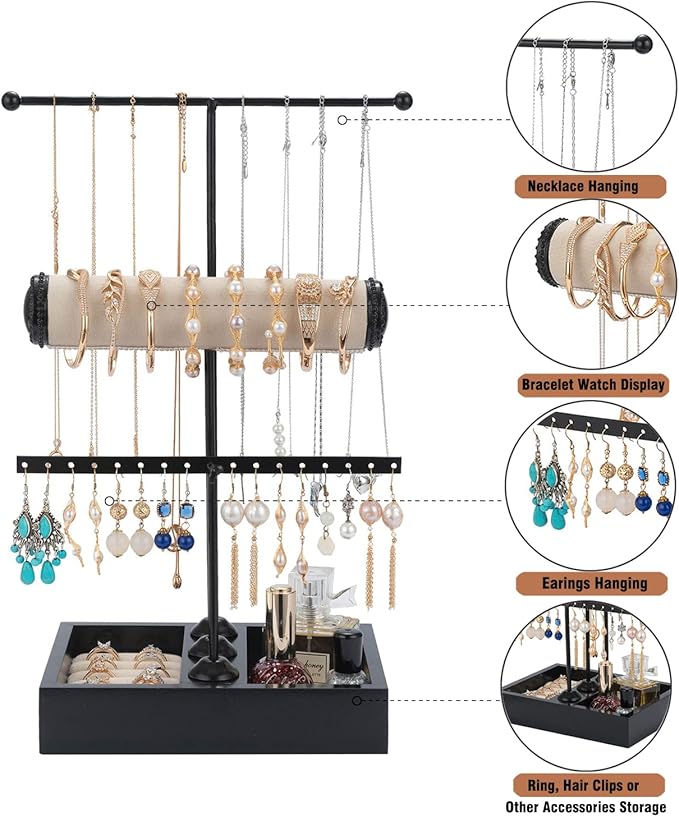 Jewelry Organizer Stand 3 Tier Hanging Jewelry Organizer for Earring Necklace Bracelet Holder Jewelry Ring Perfume Organizer Box Holder Storage (3-Tier Black)