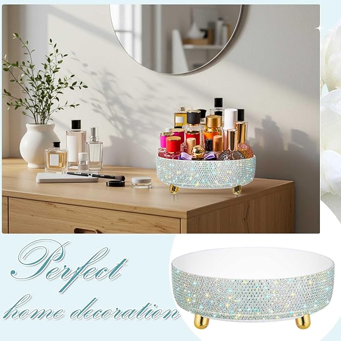 Honeydak White Bling Perfume Makeup Organizer Bling Mother's Day Nurses Day Gifts for Women Bathroom Organizers and Storage 360 Rotating Makeup Organizer for Countertop(Resin Stone)