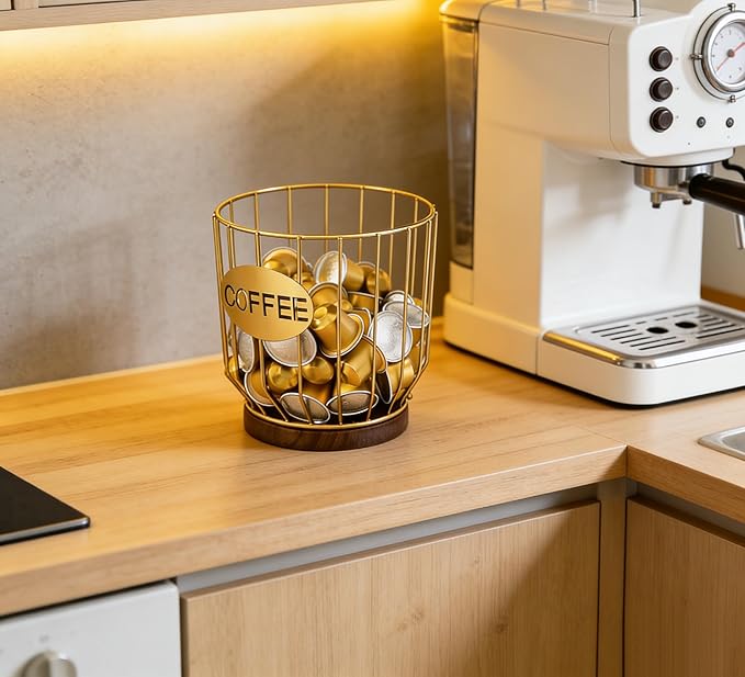 Coffee Pod Holders for Counter, K-Cup Holder, Metal Coffee Pod Basket, Espresso Pods Organizer, Coffee Station Accessories (Gold Plating)