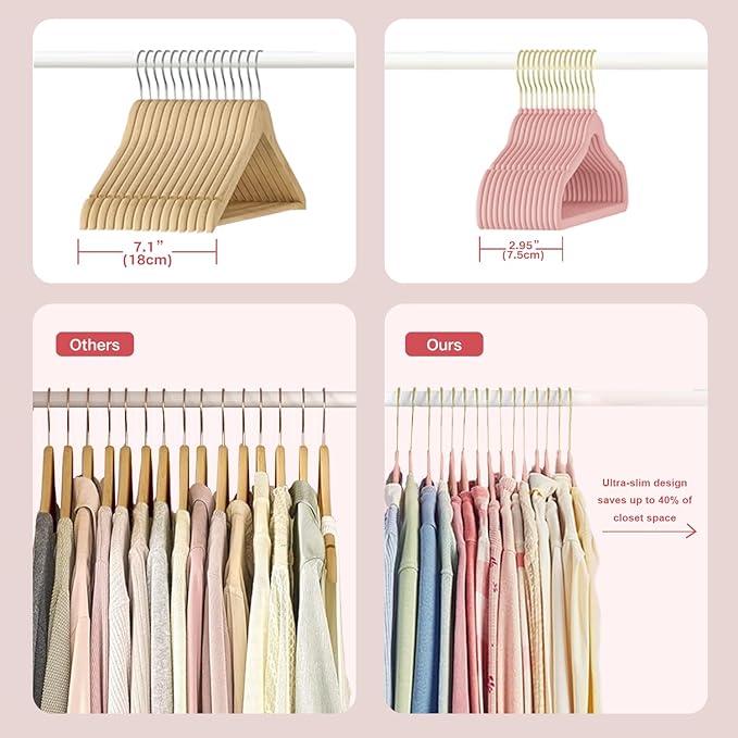 52 Packs Velvet Clothes Hangers, 17.3 Inches Non-Slip Skirt Hangers, Sturdy Dresses Hangers with Shoulder Notches, Space Saving Clothing Hangers for Adults, Pink with Gold Hook