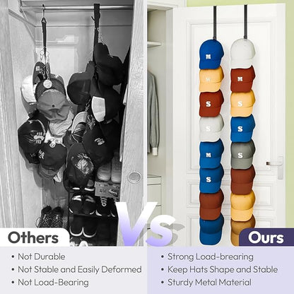 SWTYMIKI Over Door Hat Organizer - 2 Packs Metal Wall Mounted Hat Rack with 16 Hooks Design, Hanging Baseball Cap Organizer Storage Holds up to 32 Caps for Door, Bedroom, Closet