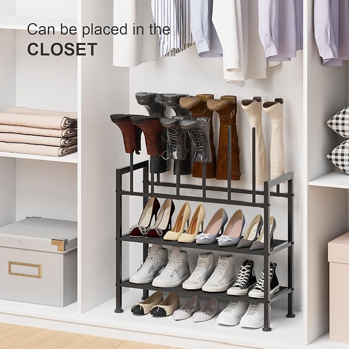 DIMJ Free Standing Shoe Racks - 4-Tier Boot Rack, Black Metal Boot Storage Organizer Tall Boots, Tall Boot Organizer for Closet, Multiuse Shoe Rack for Boots, Sneakers,Fit for 6 Pairs Boots, Black