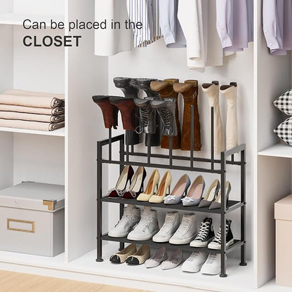 DIMJ Free Standing Shoe Racks - 4-Tier Boot Rack, Black Metal Boot Storage Organizer Tall Boots, Tall Boot Organizer for Closet, Multiuse Shoe Rack for Boots, Sneakers,Fit for 6 Pairs Boots, Black