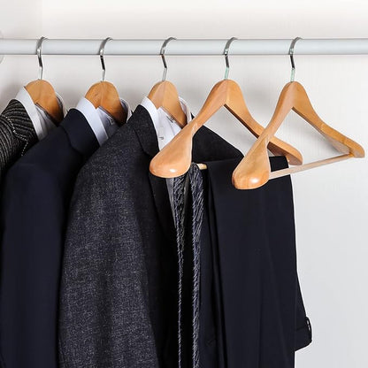 TOPIA HANGER Set of 6 Luxury Natural Wooden Coat Hangers, Premium Wood Suit Hangers, Glossy Finish with Extra-Wide Shoulder, Thicker Chrome Hooks & Anti-Slip Bar CT02N