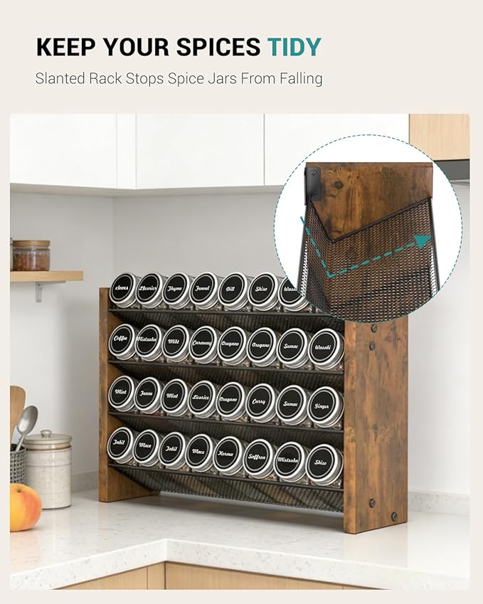 NESAPTO Spice Rack Organizer with 32 Glass Spice Jars, Wood 4-Tier Seasoning Organizer with Labels for Cabinet, Pantry, Countertop or Wall Mount, Chalk Marker and Funnel Set, 15.7" W × 9.4" H