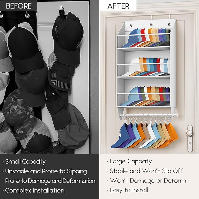 Homsorout Over the Door Hat Rack - 3-Layer Design Hat Organizer Holds 30-36 Hats with 10 Hooks, Ideal Hat Rack for Door, Over the Door Organizer for Closet, Apartment, Bedroom, Dorm, 2 Pack, White