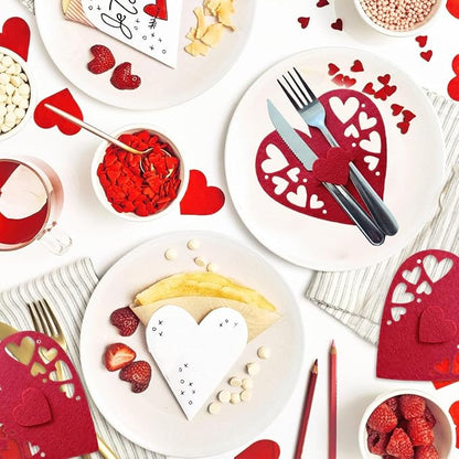 8 Pcs Valentine Hollow Heart Flatware Holder Cutlery Bags Red Valentine's Day Silverware Felt Tableware Holder Pocket Knife Fork Covers for Wedding Birthday Mother's Day Party Table Setting Decor