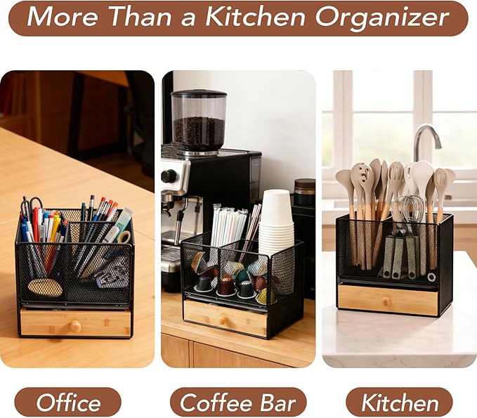 Kitchen Utensil Holder Countertop, Extra Large Utensil Organizer with Drawer, 2-In-1 Utensil & Silverware Holder for Countertop, Kitchen Organizer for Cookware Spatula, with Quick Dry Diatomite Base