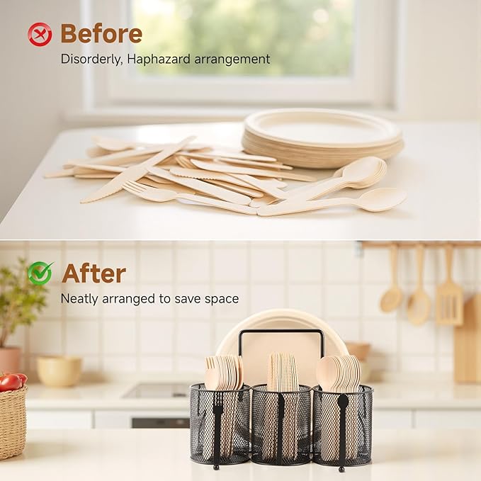 Utensil Caddy Silverware Holder for Party, Metal Mesh Cutlery Storage Organizer for Forks Spoons Napkins Plates, Perfect for Kitchen, Buffet, Picnic, Camping & Outdoor BBQ