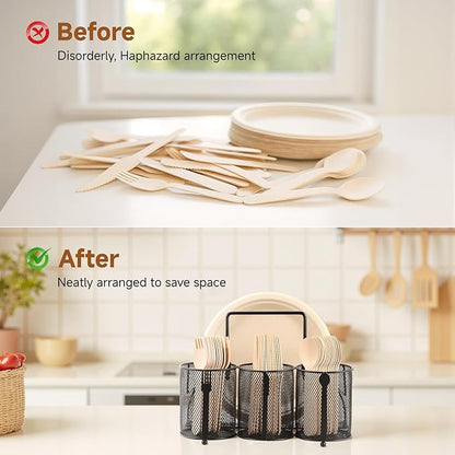 Utensil Caddy Silverware Holder for Party, Metal Mesh Cutlery Storage Organizer for Forks Spoons Napkins Plates, Perfect for Kitchen, Buffet, Picnic, Camping & Outdoor BBQ