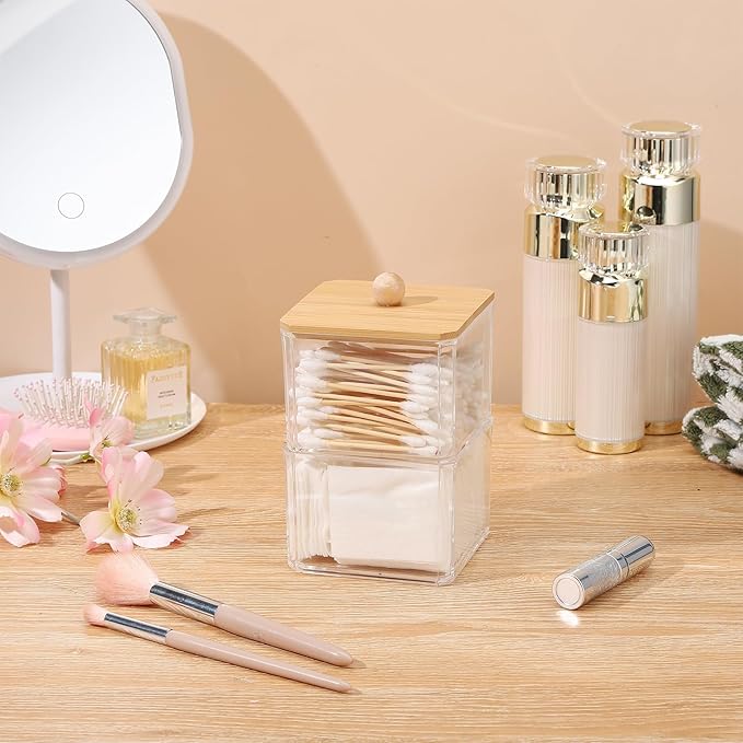 Qtip Holder Acrylic Container for Cotton Swab, Cotton Pads, Floss Picks - Restroom Containers Bathroom Essentials Accessories Decor Vanity Storage Organizer, 3.5'' x 3.5'' x 5.3''