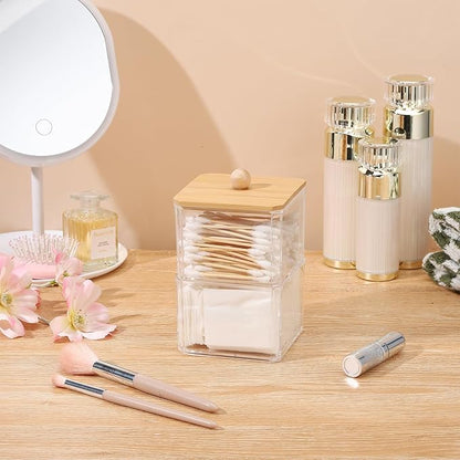 Qtip Holder Acrylic Container for Cotton Swab, Cotton Pads, Floss Picks - Restroom Containers Bathroom Essentials Accessories Decor Vanity Storage Organizer, 3.5'' x 3.5'' x 5.3''